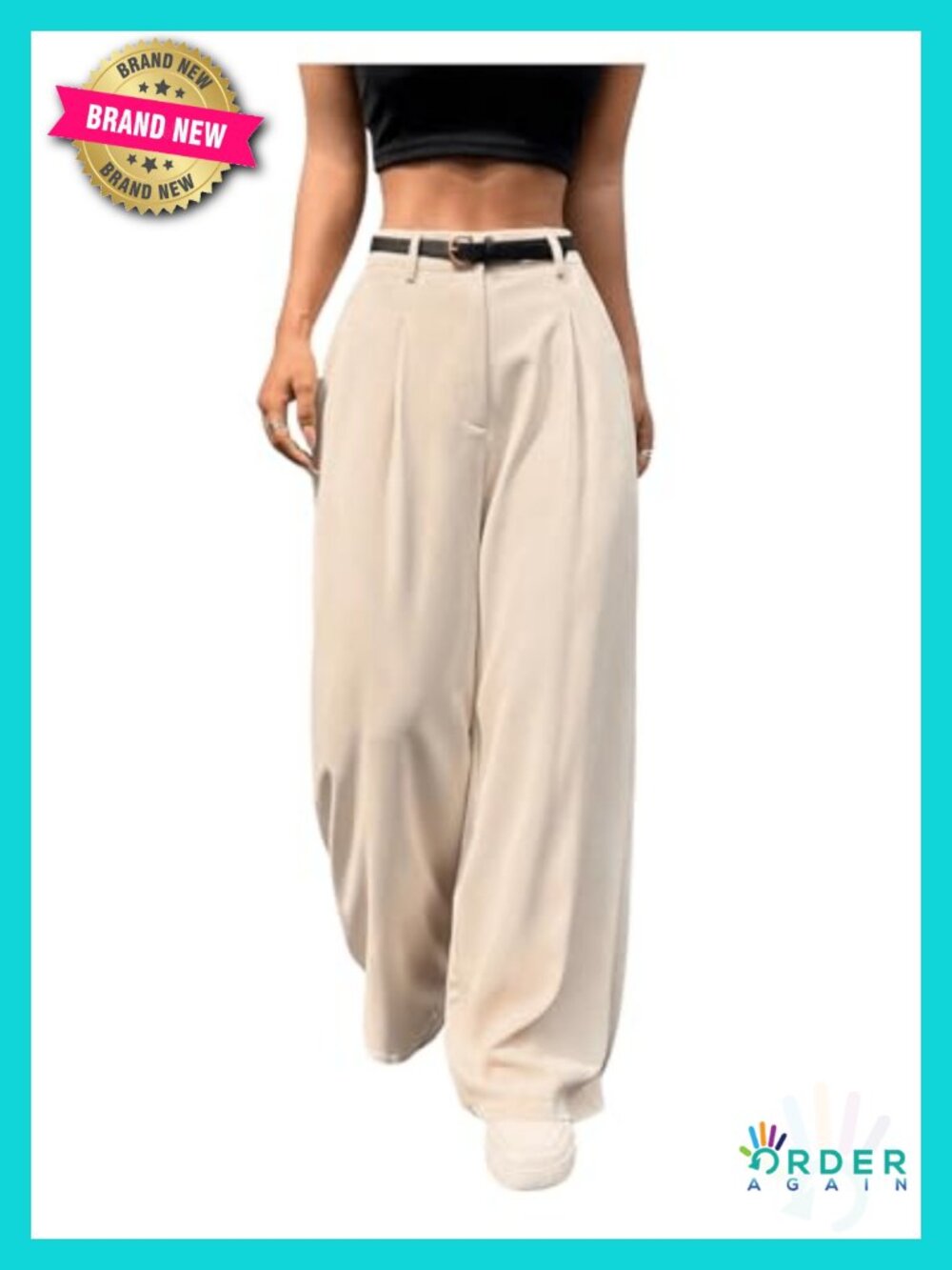 High Waisted Wide Leg Baggy Pants with Belt, Flowy Trousers for Work Business